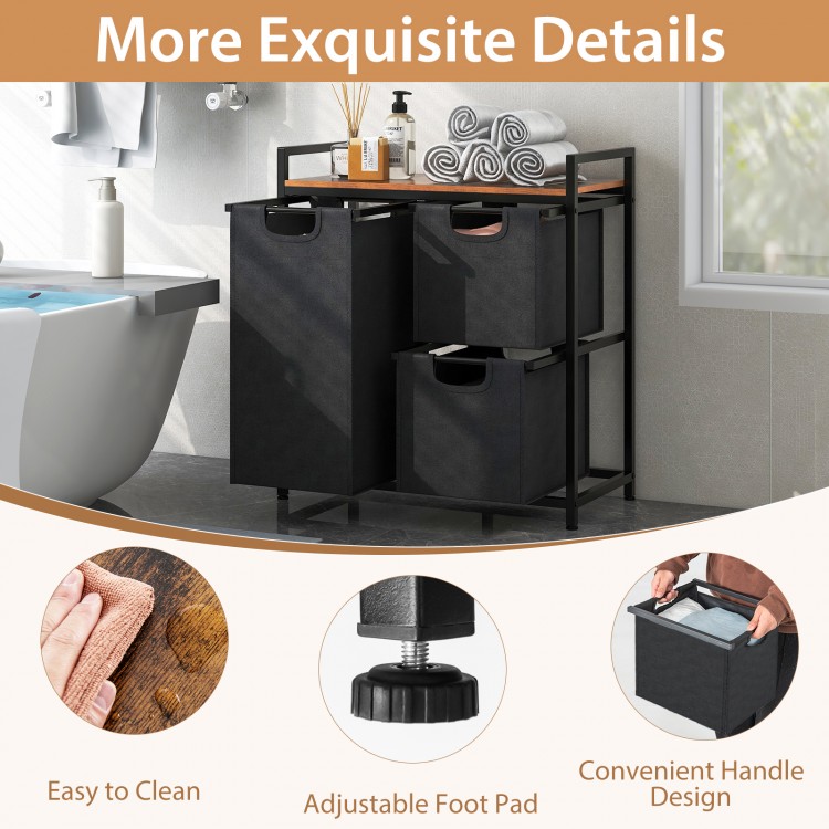 Laundry basket organizer in rustic brown with 3 removable bags and shelf, featuring adjustable foot pads for stability.