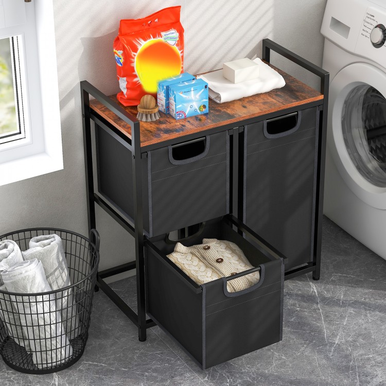Laundry basket organizer with rustic brown top, showcasing three removable bags and a sturdy metal frame for durability.