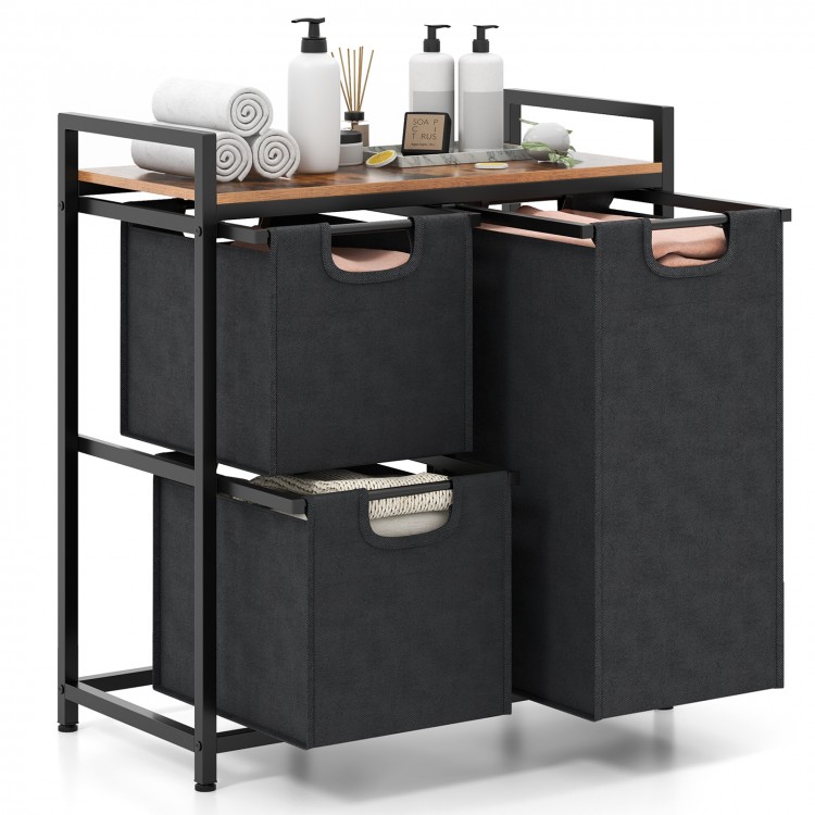Laundry basket organizer with rustic brown shelf and three removable bags for easy access to dirty clothes.