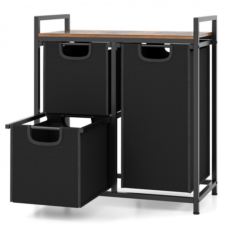 Laundry basket organizer with rustic brown shelf, featuring three removable bags and pull-out design for easy access.