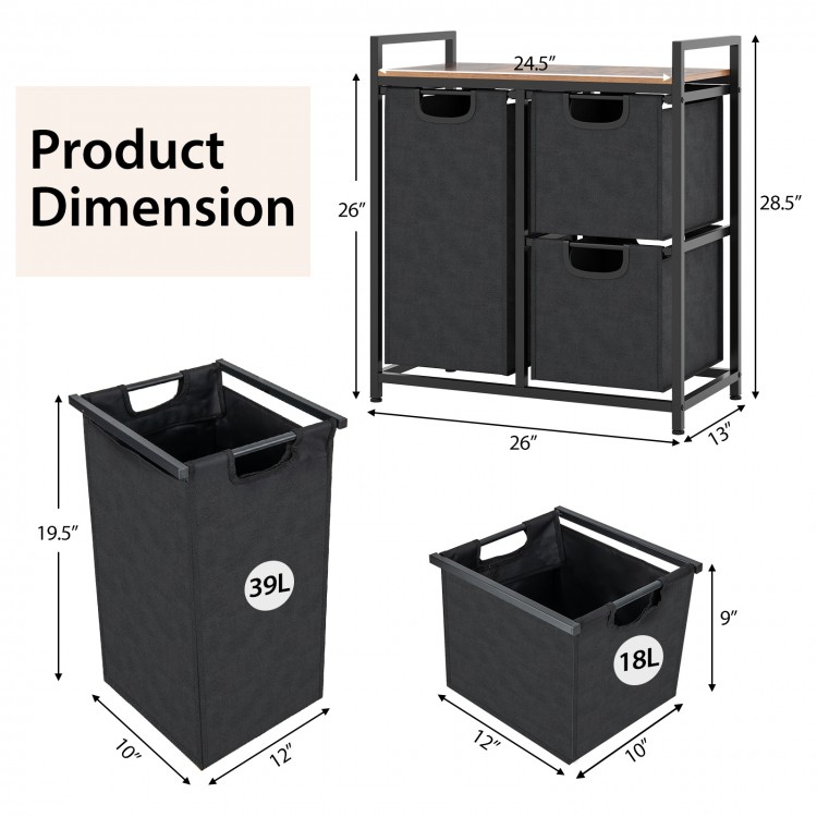 Laundry basket organizer with rustic brown shelf, featuring three removable bags and adjustable foot pads for stability.