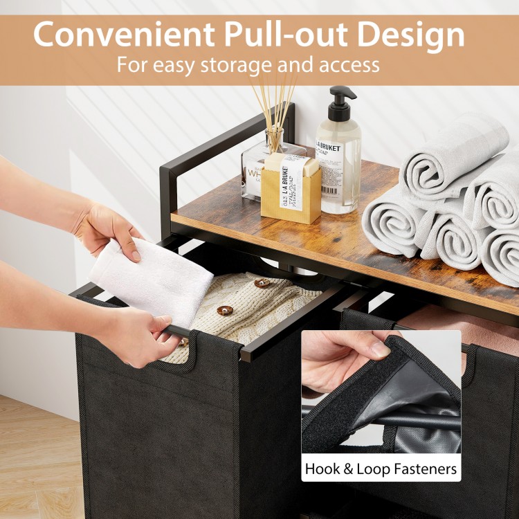 Laundry basket organizer with rustic brown shelf and three removable bags, featuring a convenient pull-out design for.