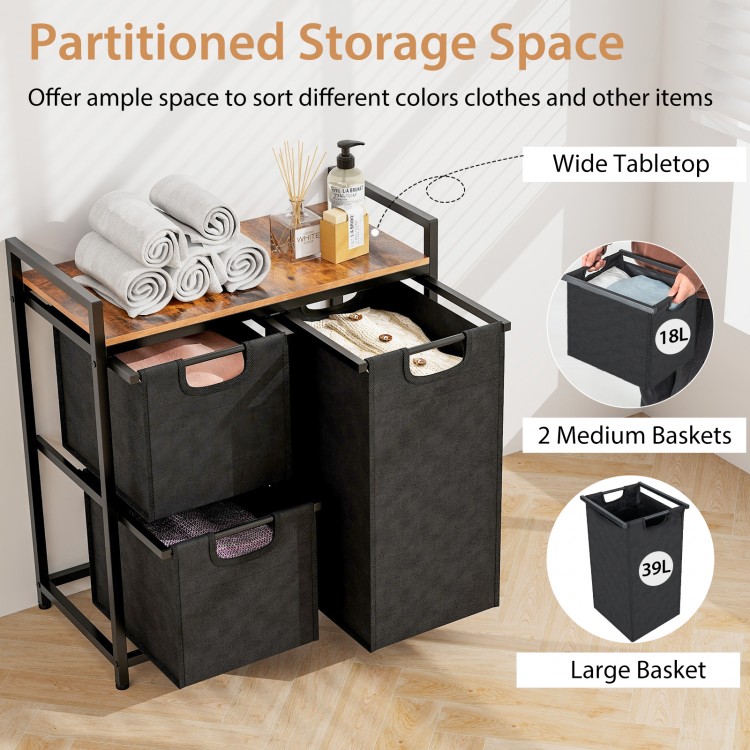 Laundry basket organizer with rustic brown shelf, featuring 3 removable bags for easy sorting and access to dirty.