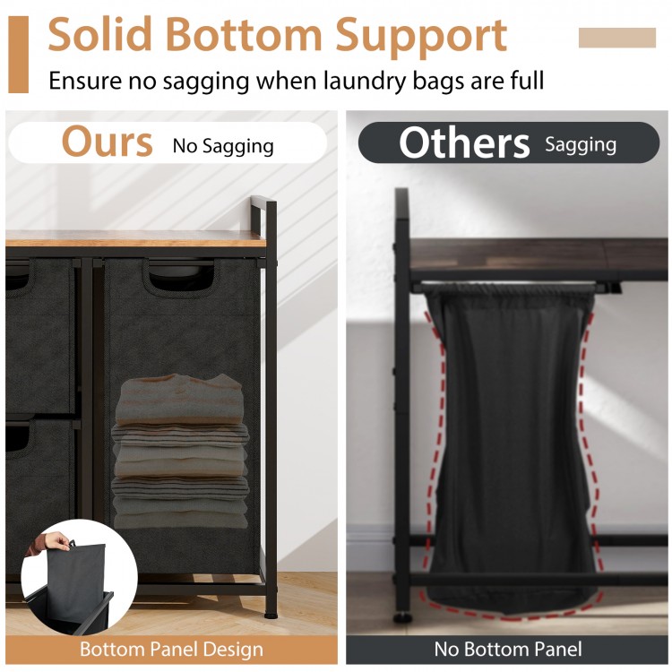 Laundry basket organizer with solid bottom support, featuring 3 removable bags and a rustic brown shelf for easy access.