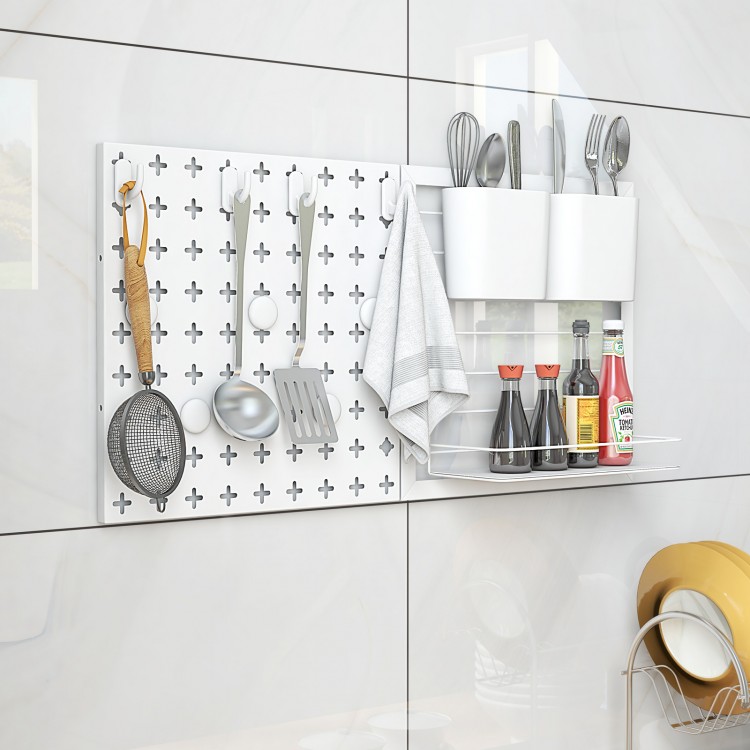 Pegboard Combination Kit wall organizer featuring hooks and magnets, ideal for kitchenware and personalized storage.
