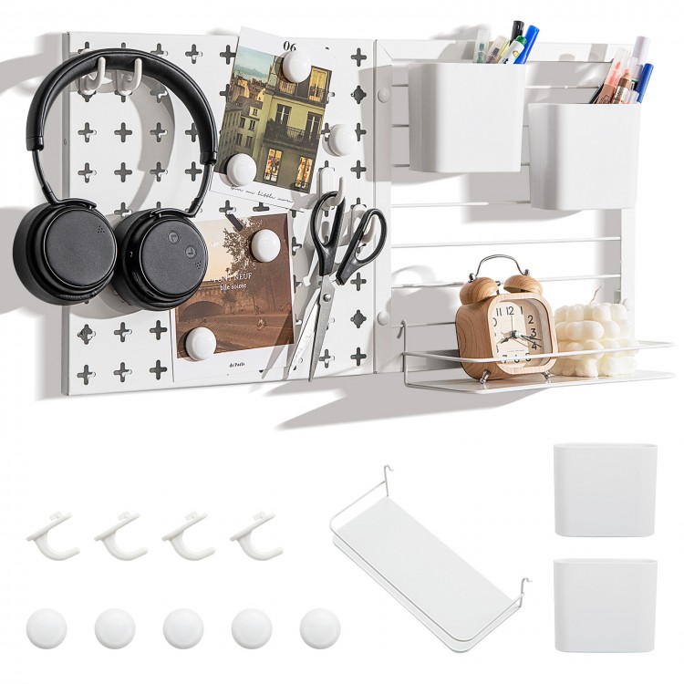 Pegboard Combination Kit wall organizer with magnets and hooks, ideal for kitchenware and stationery storage.