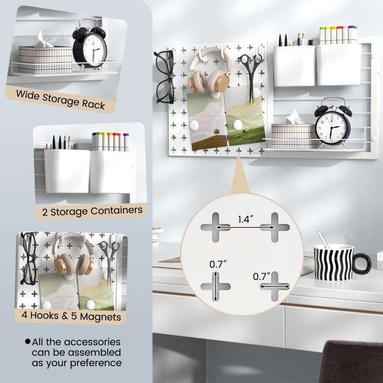 Wide storage rack with hooks and magnets, featuring a customizable design for organizing kitchenware and stationery.