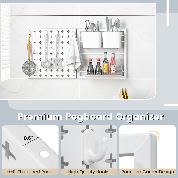 Pegboard wall organizer with 0.6" thick panel, hooks, and magnets for personalized kitchenware storage and display.
