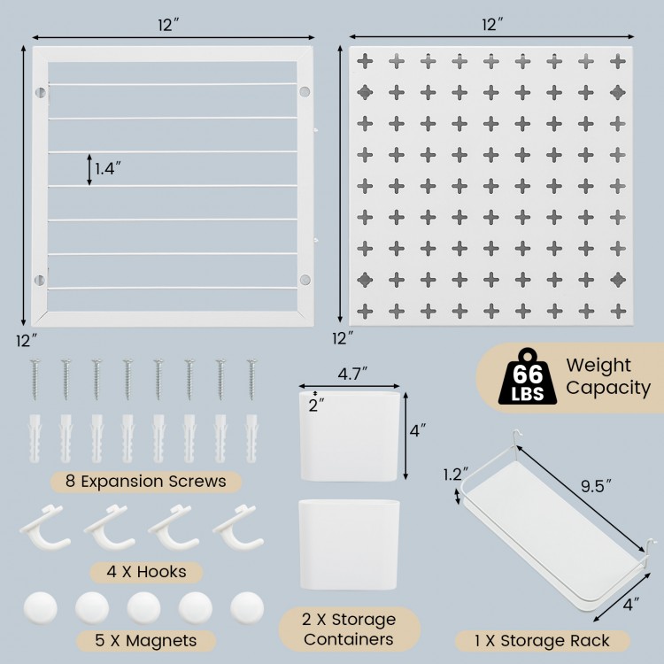 Pegboard Combination Kit with 12" x 12" panels, hooks, and magnets for customizable storage in kitchens or workshops.