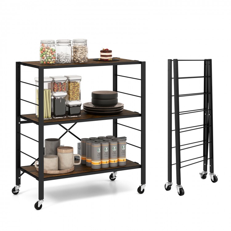 3-tier foldable shelving unit in black with adjustable shelves and detachable wheels, ideal for flexible storage.