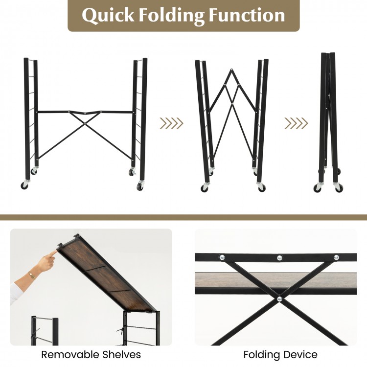 3-tier foldable shelving unit with detachable wheels, featuring adjustable shelves and quick folding function for.