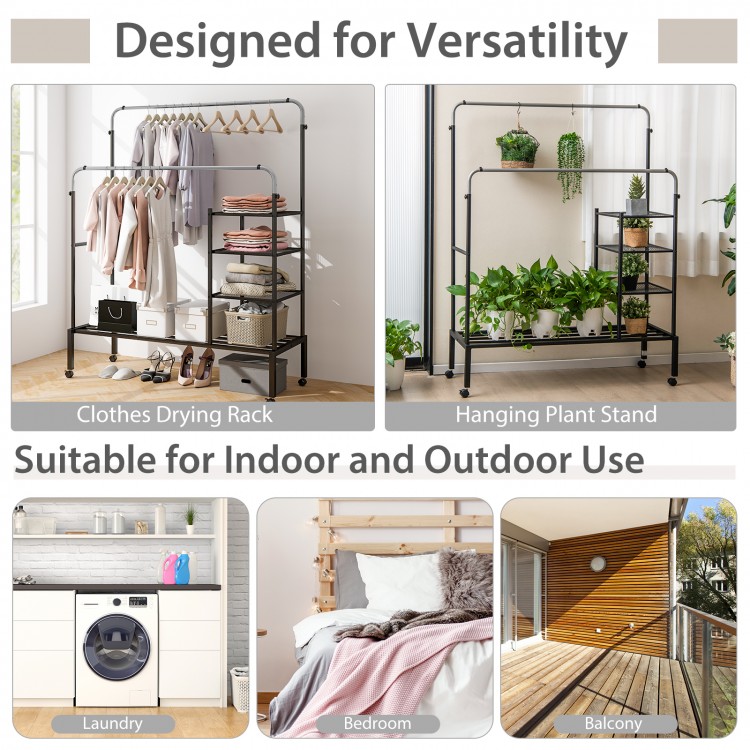 Rolling double rods garment rack in silver with adjustable bars, ideal for laundry, bedroom, or balcony use.
