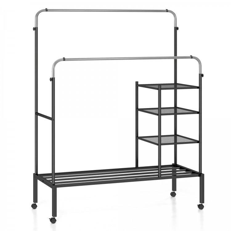Rolling garment rack with adjustable double rods, lockable wheels, and shelves for versatile clothing storage and.