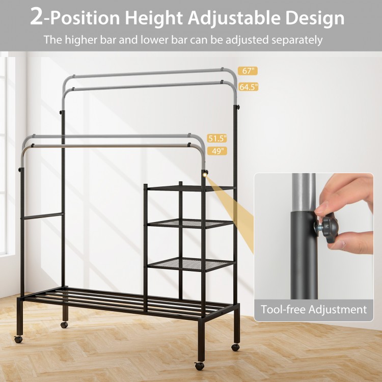 Rolling double rods garment rack with height adjustable bars, featuring smooth wheels and sturdy carbon steel for.