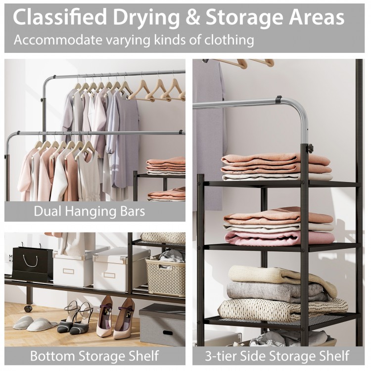 Rolling garment rack featuring dual hanging bars and storage shelves, ideal for laundry or versatile home use.