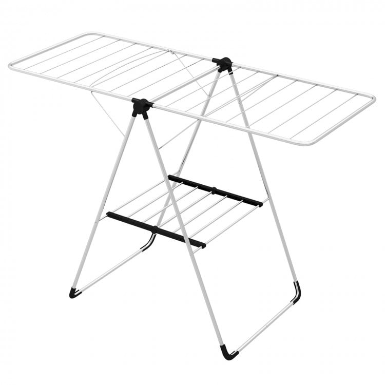 Folding 2-tier laundry drying rack with adjustable aluminum wings, ideal for laundry and space-saving storage.