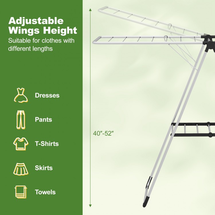 2-tier laundry drying rack with adjustable wings height, aluminum frame, ideal for drying dresses, pants, and towels.