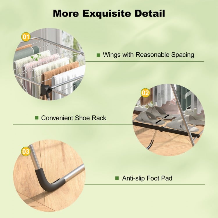 Detail view of the 2-tier laundry drying rack showing adjustable wings, shoe rack, and anti-slip foot pad for stability.