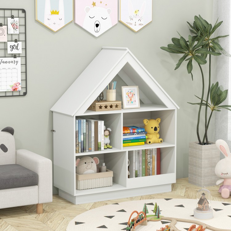 House-shaped toy storage organizer in white with 3 tiers and open shelves for kids' toys and books. Ideal for playrooms.