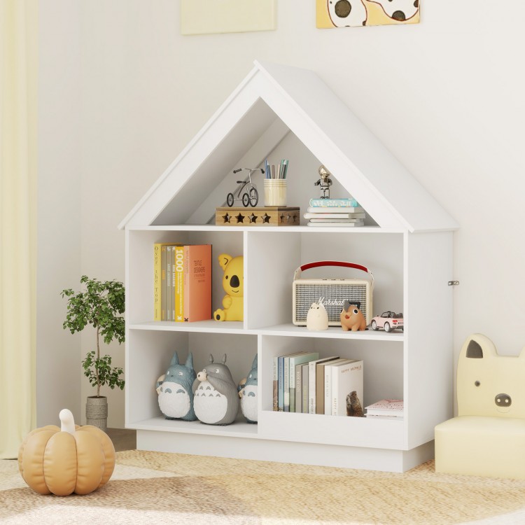 House-shaped toy storage organizer in white with 3 tiers and 5 compartments for kids' toys and books. Ideal for.