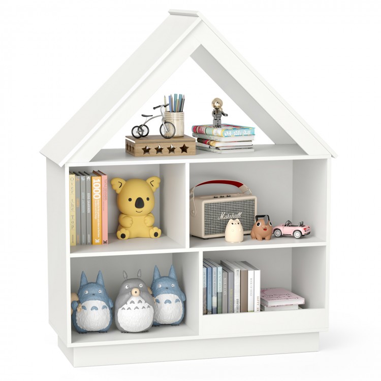 House-shaped toy storage organizer in white with 3 tiers and 5 compartments for kids' toys and books.