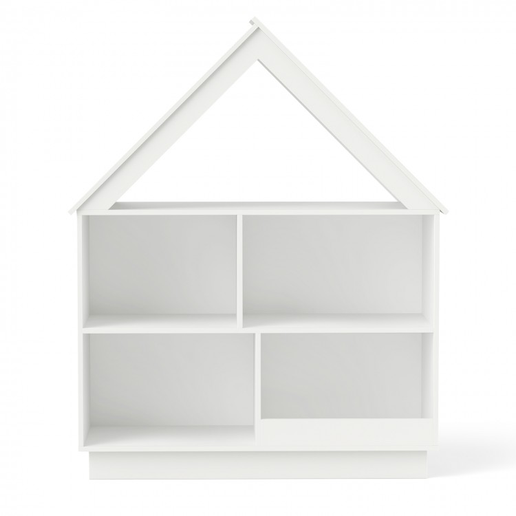 White house-shaped toy storage organizer showcasing a stable 3-tier design with five compartments for children's items.