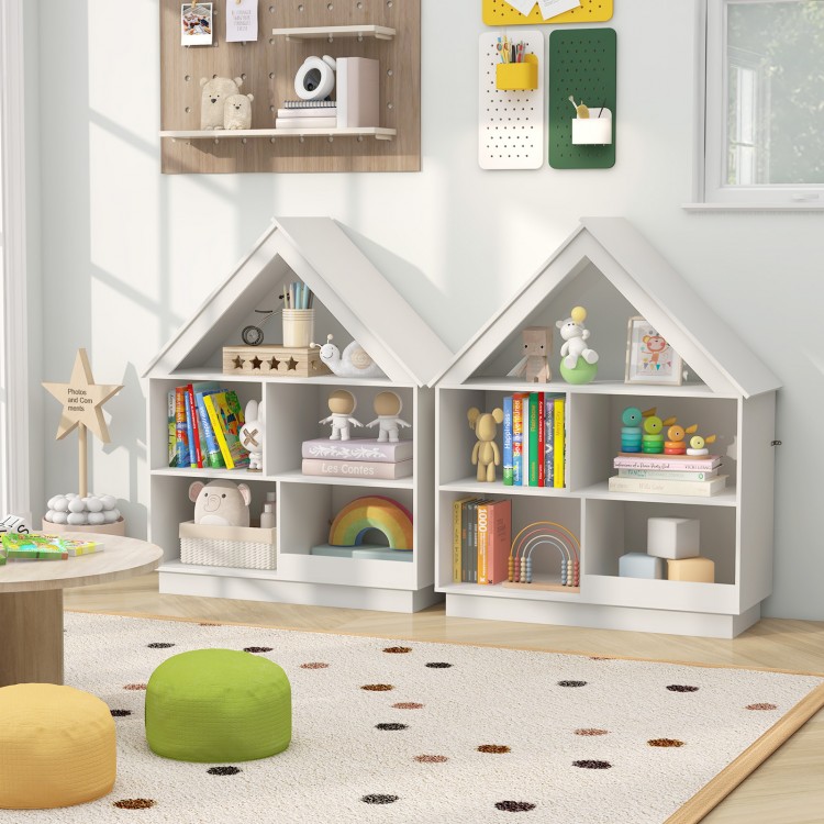 House-shaped toy storage organizer with 3 tiers and open shelves in white, perfect for kids' toys and books.