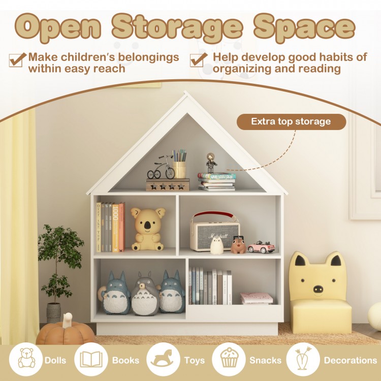 3-tier house-shaped toy storage organizer in white with open shelves for easy access and organization of children's.