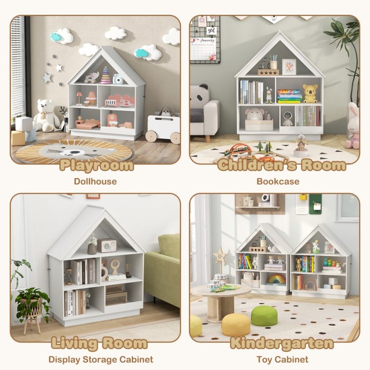 3-tier house-shaped toy storage organizer in white with open shelves, ideal for kids' rooms and easy access to toys.