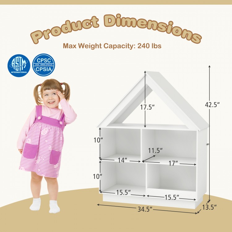 3-tier house-shaped toy storage organizer in white, featuring open shelves and a stable design for kids' toys and books.