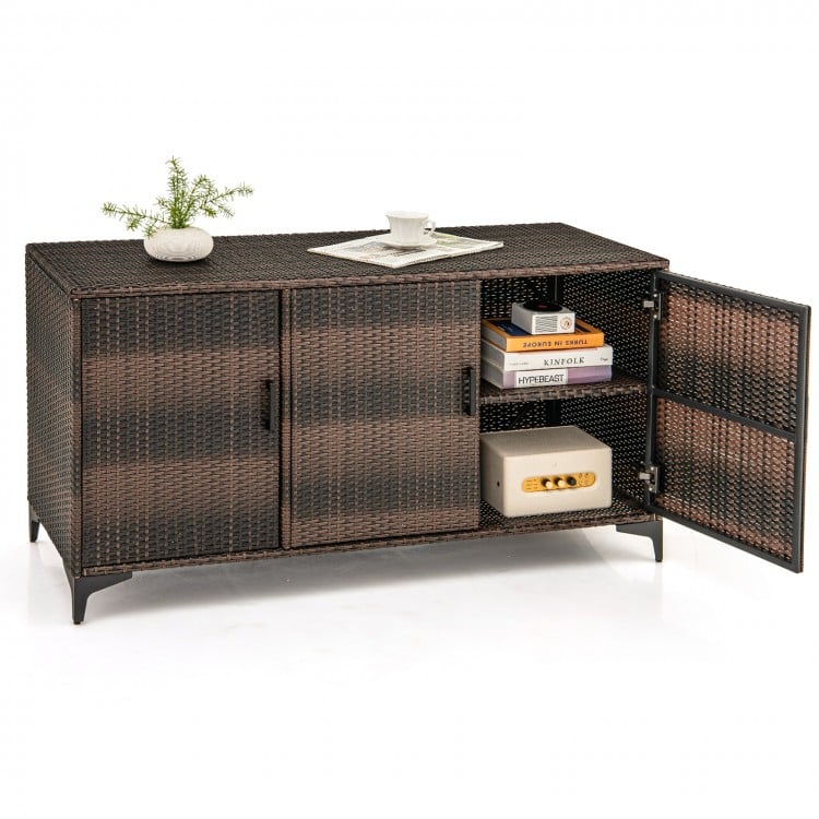Brown 84-gallon patio wicker deck box with 3 doors, removable shelves, and a spacious top for decorative accents.