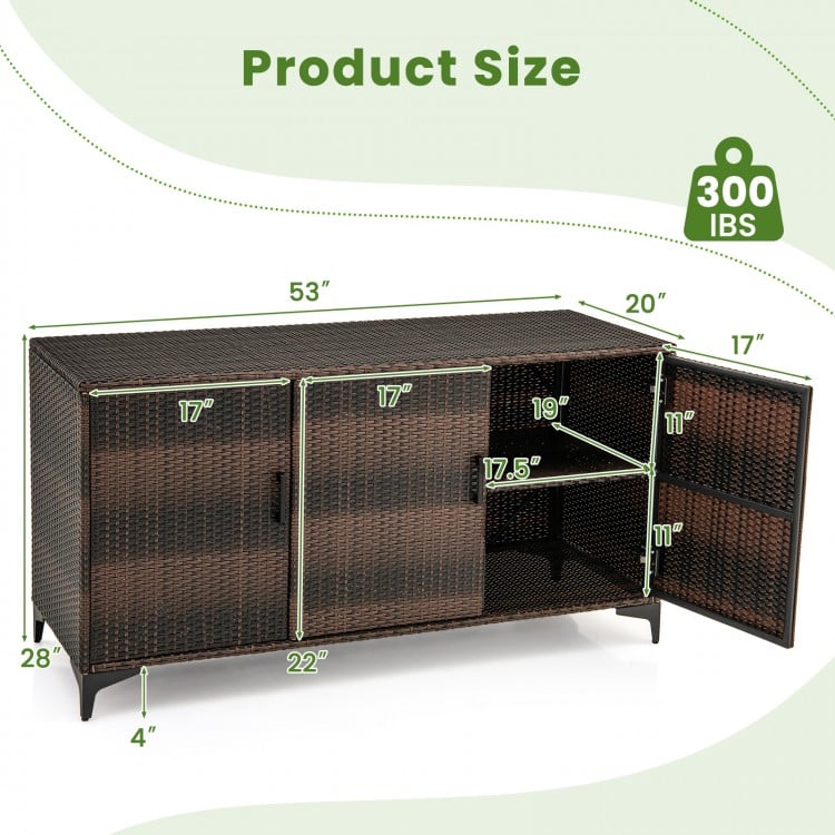 84-gallon brown patio wicker deck box with 3 doors, removable shelves, and dimensions for versatile outdoor storage.