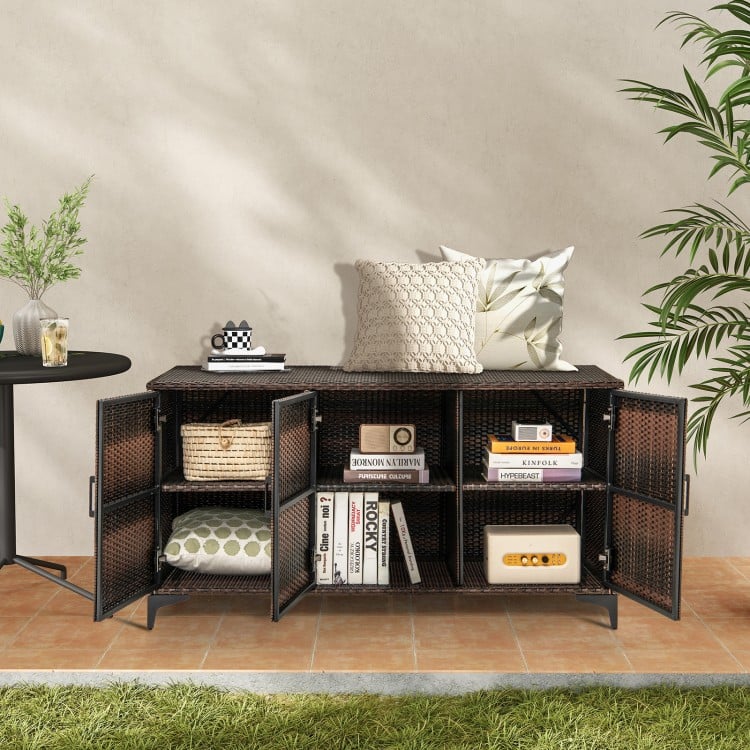 Brown 84-gallon patio wicker deck box with three doors, removable shelves, and decorative display space for outdoor.