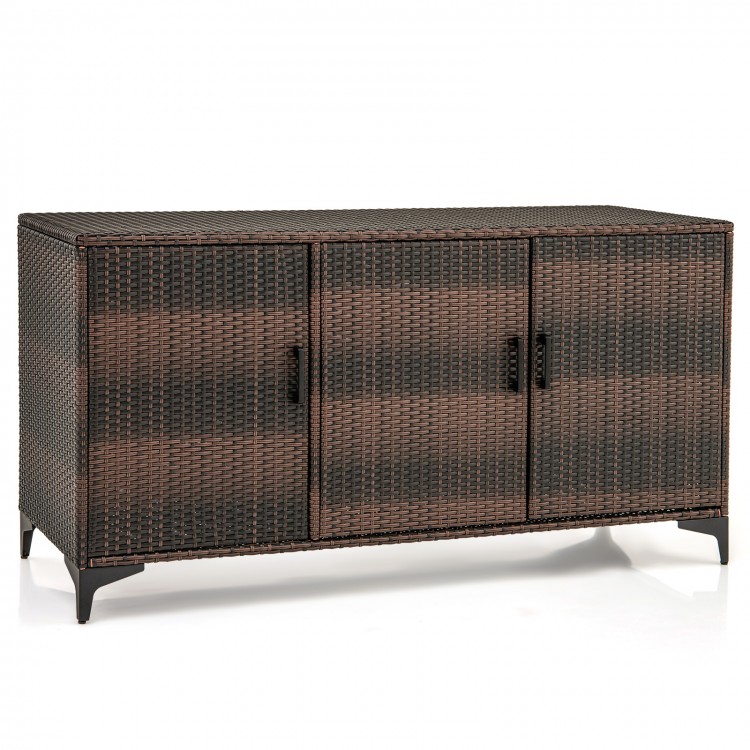 Brown 84-gallon patio wicker deck box with three doors and removable shelves for outdoor storage and organization.