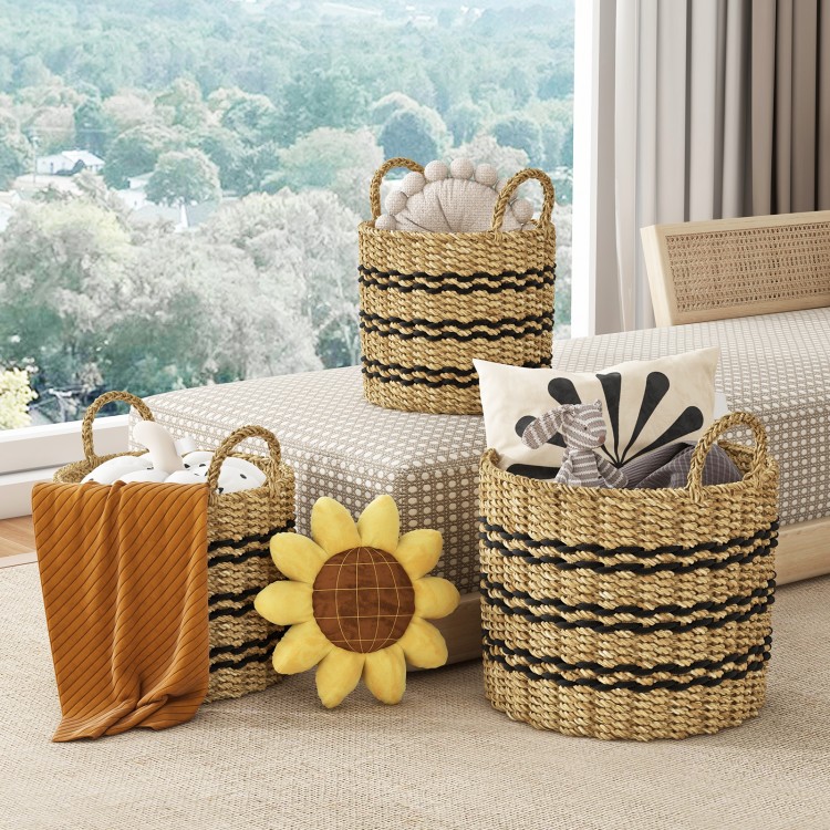 Close-up view of a woven seagrass basket showcasing its durable texture and natural charm, perfect for stylish.