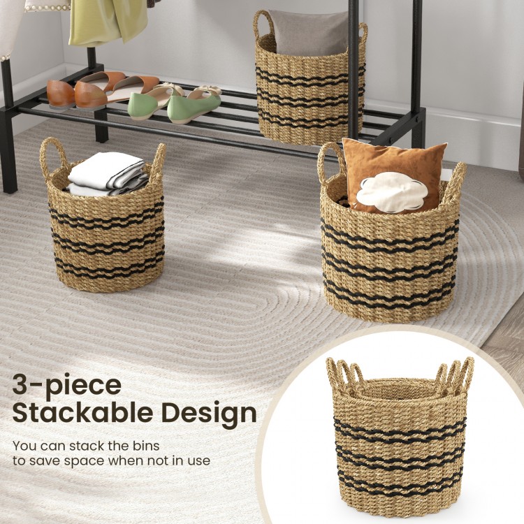 Set of 3 stackable seagrass storage bins with handles, featuring a woven design for organized and stylish storage.