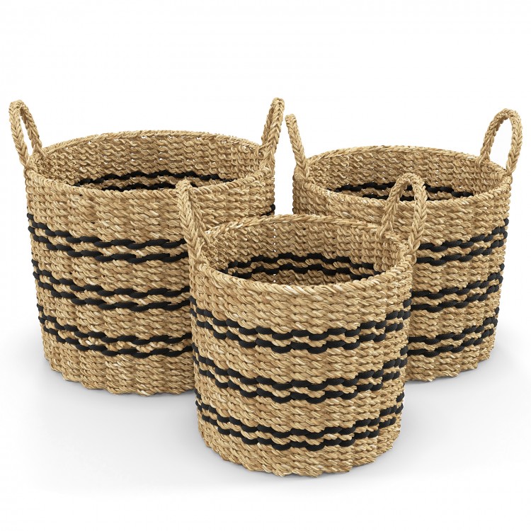 Set of 3 stackable seagrass baskets with handles, featuring a woven design and durable, natural materials for stylish.