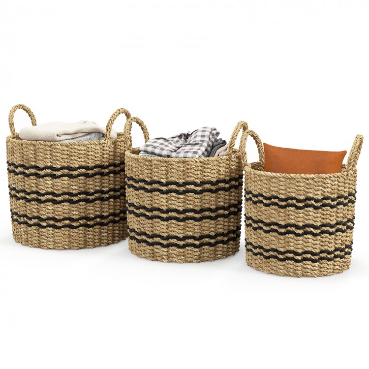 Set of 3 stackable seagrass baskets with handles, featuring a woven design for stylish storage and organization.
