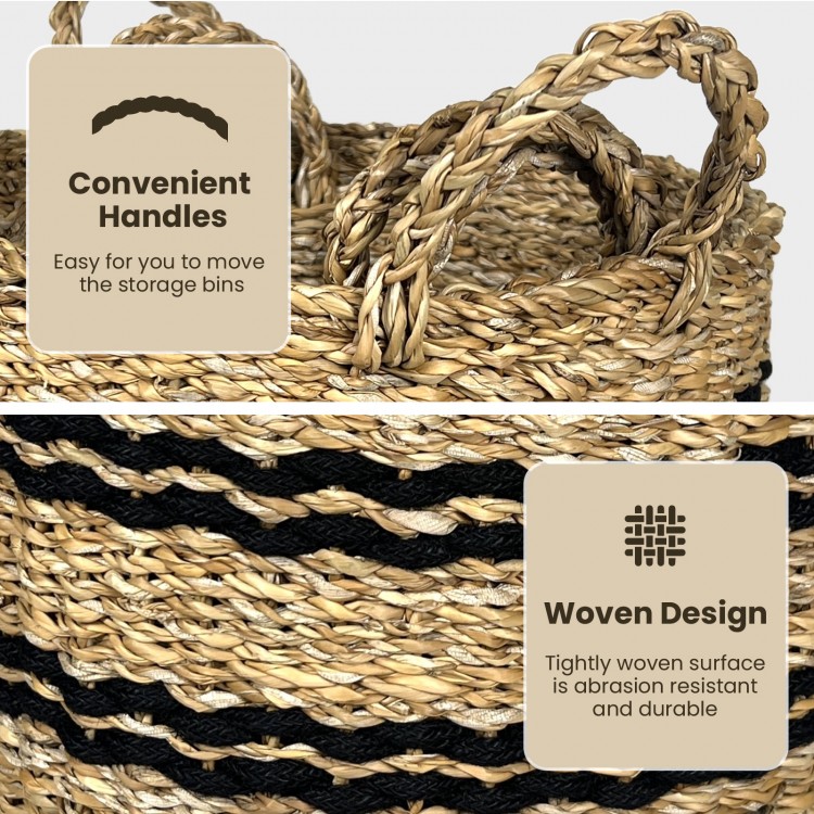 Woven seagrass basket set of 3 with convenient handles for easy transport and stackable storage solutions.