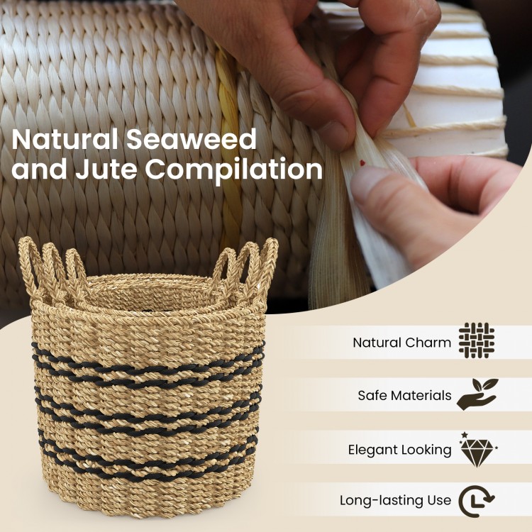 Woven round seagrass basket set of 3 with handles, featuring natural charm and durable, safe materials for organized.