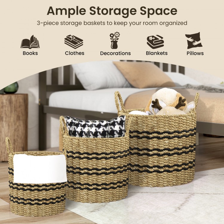 Set of 3 stackable seagrass storage baskets with handles, perfect for organizing clothes, books, and decorations.