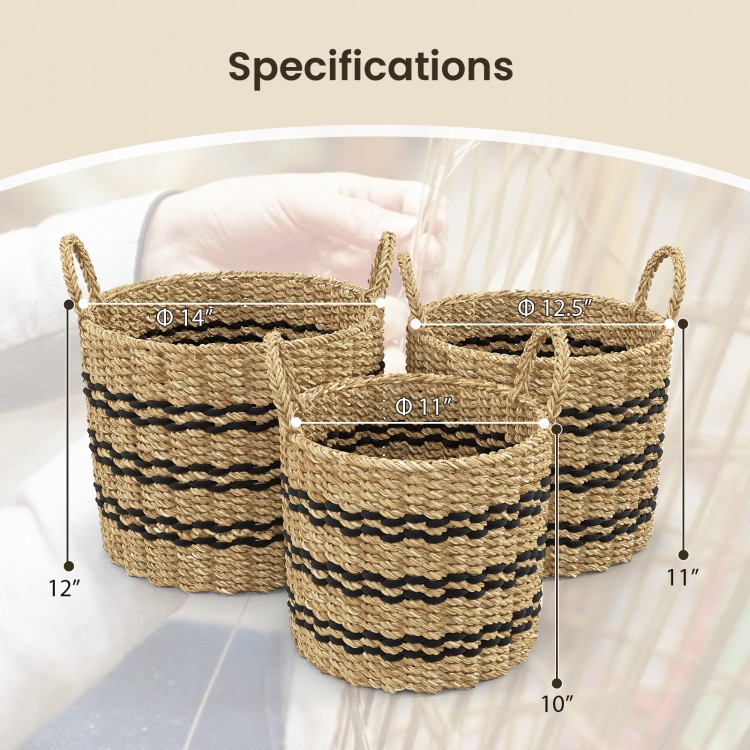 Set of 3 stackable seagrass baskets with handles, featuring a woven design in natural tones, ideal for organized.