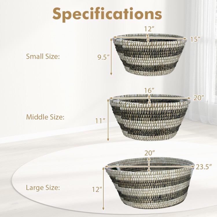 Stackable set of 3 natural canes grass baskets with hollowed handles, featuring small, medium, and large sizes for.