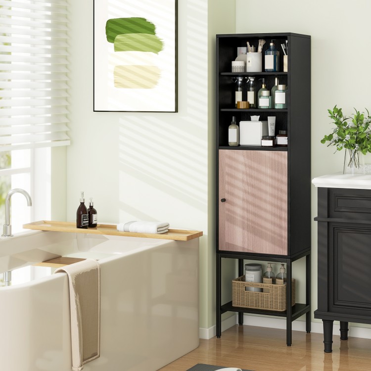 Narrow 57-inch black bathroom tall cabinet with 1 door, 4 shelves, and adjustable storage for versatile home use.