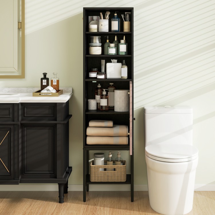 57-inch black tall cabinet with countertop, showcasing open compartments and stylish design for versatile home.