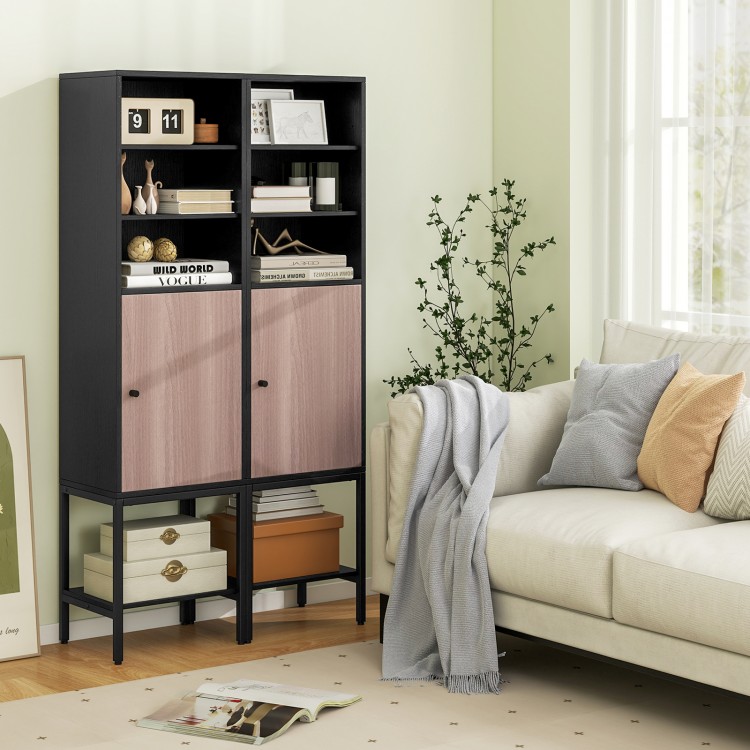 Narrow 57-inch black bathroom cabinet with 1 door, 4 shelves, and adjustable feet for versatile storage in any room.