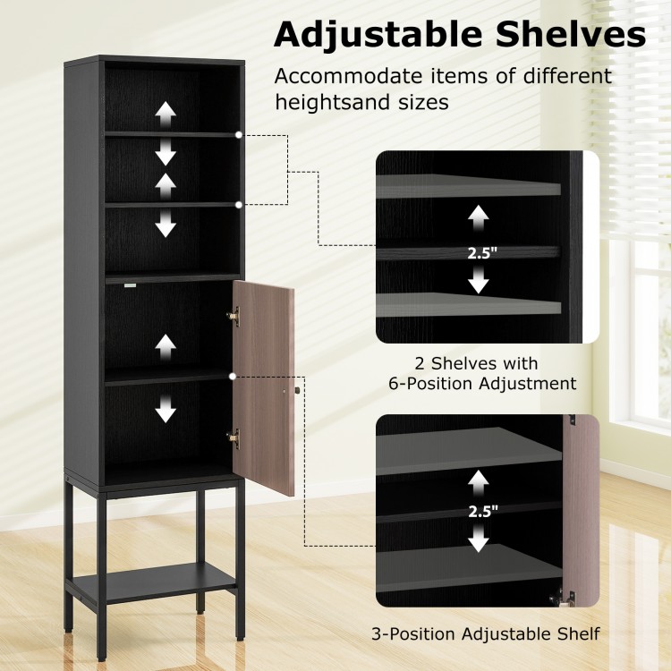 Narrow black bathroom cabinet with 1 door and 4 shelves, featuring adjustable shelves for versatile storage solutions.