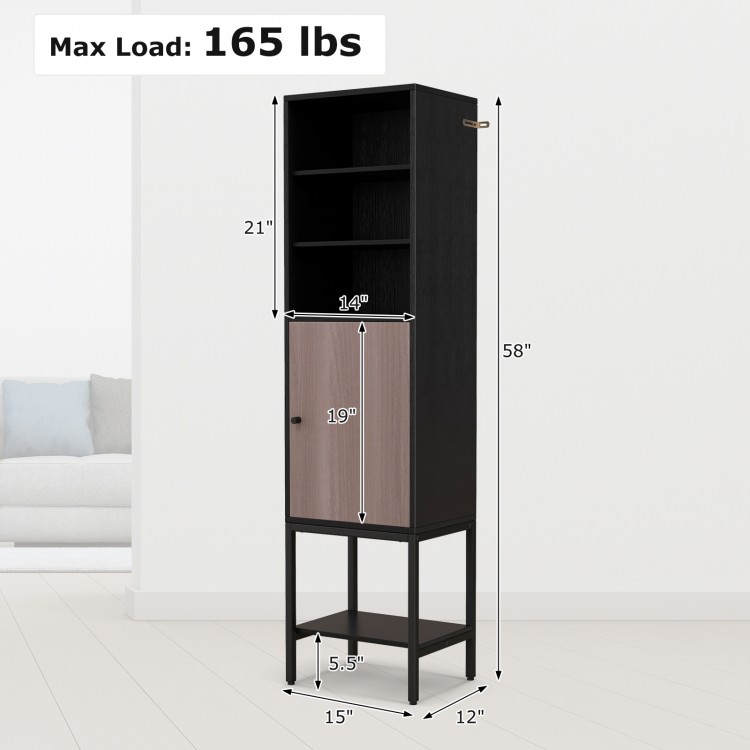 Narrow black bathroom tall cabinet with 1 door and 4 shelves, featuring adjustable shelves and sturdy metal legs.