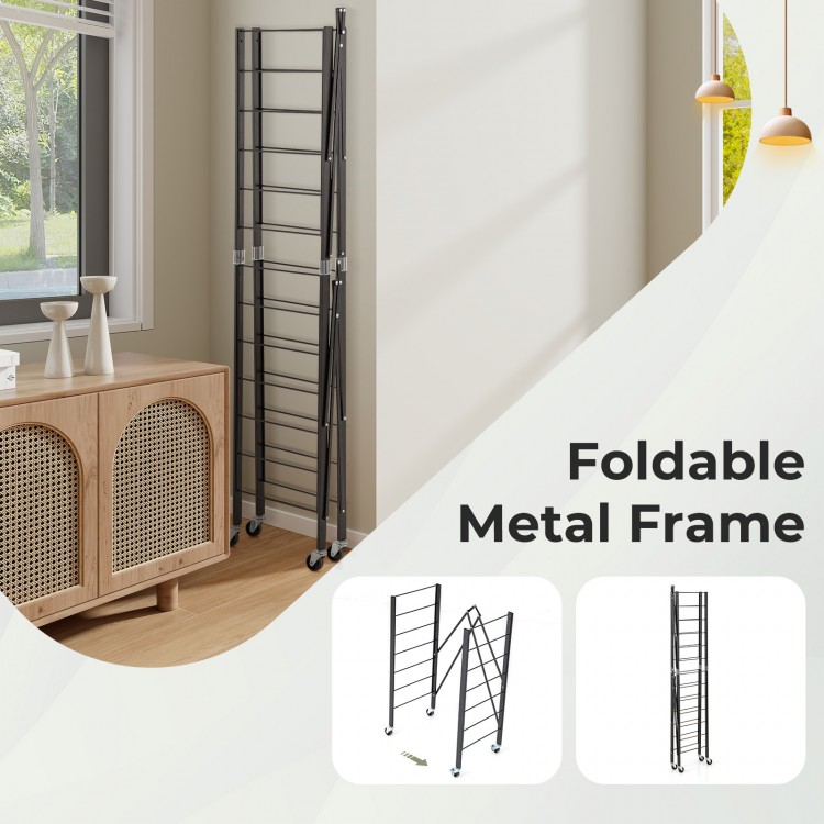 5-tier foldable storage shelf with wheels in black, featuring adjustable shelves for versatile organization in any room.