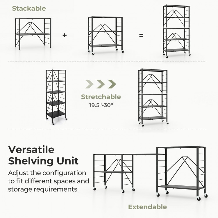 5-tier foldable storage shelf with wheels, adjustable height 19.5"-30", ideal for versatile organization in any space.